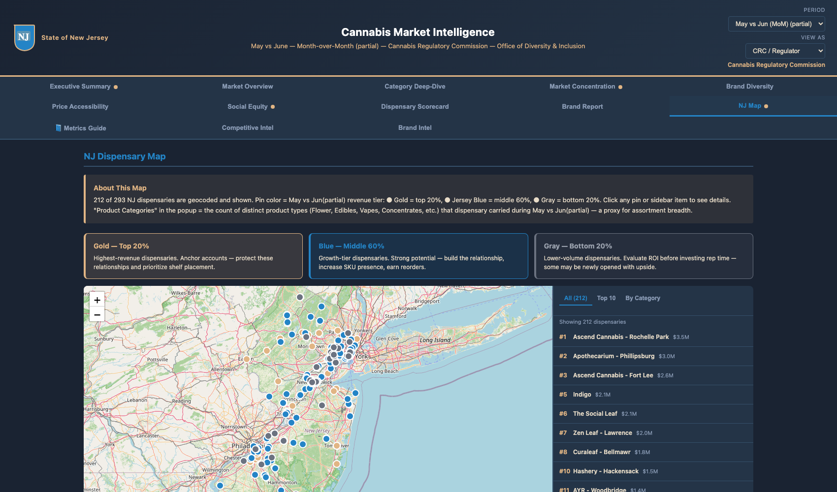 NJ Dispensary Map — interactive map with revenue tier pins
